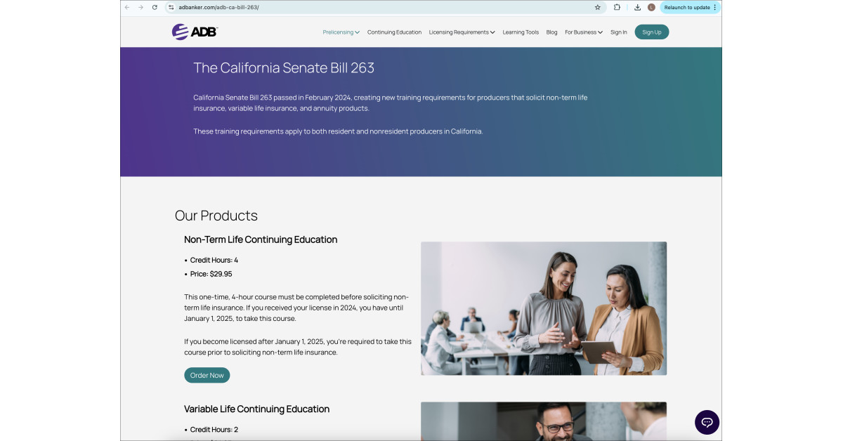 Resident and Nonresident Life Insurance and Annuity Agents in California Can Stay Compliant and Obtain New Training Requirements With Approved Coursework From A.D. Banker